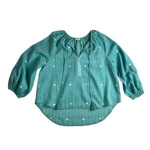 Joshi Split Tie Neck Shirt Top  Size L  NWOT  Aqua Blue Print  Boho Summer